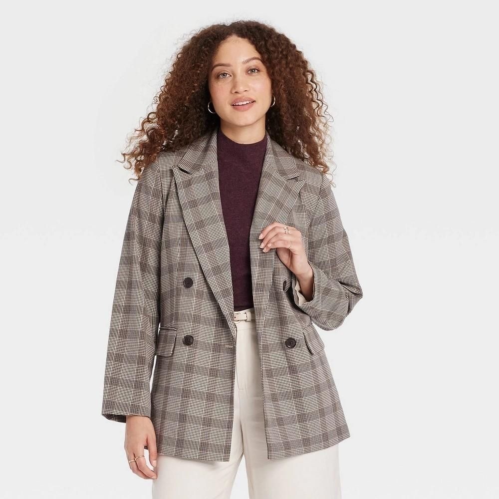 Women's Double Breasted Blazer - a New Day™ Brown Plaid M
